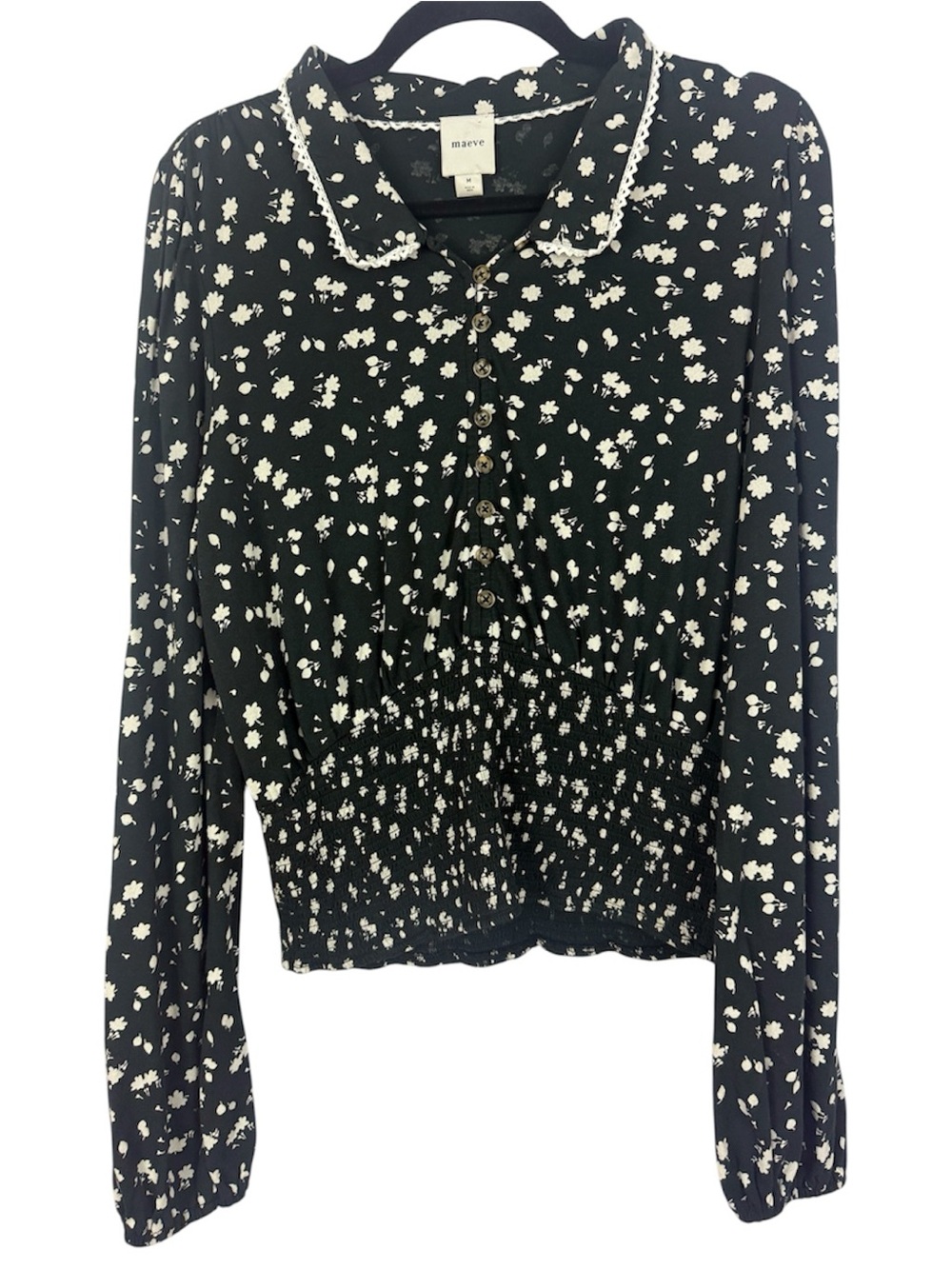 Maeve Anthropologie Floral Smocked Waist Blouse Lace Trim Collar Medium